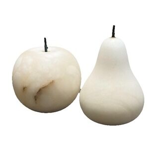 Vintage Alabaster Apple Pear Fruit Sculpture Set White Marble Decor